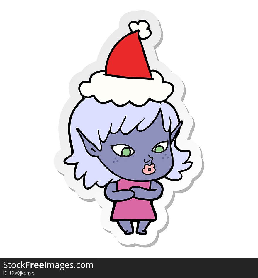 pretty sticker cartoon of a elf girl wearing santa hat