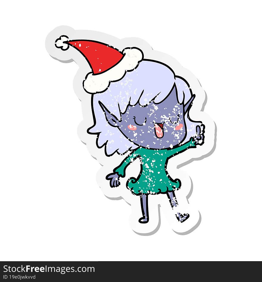 distressed sticker cartoon of a elf girl wearing santa hat