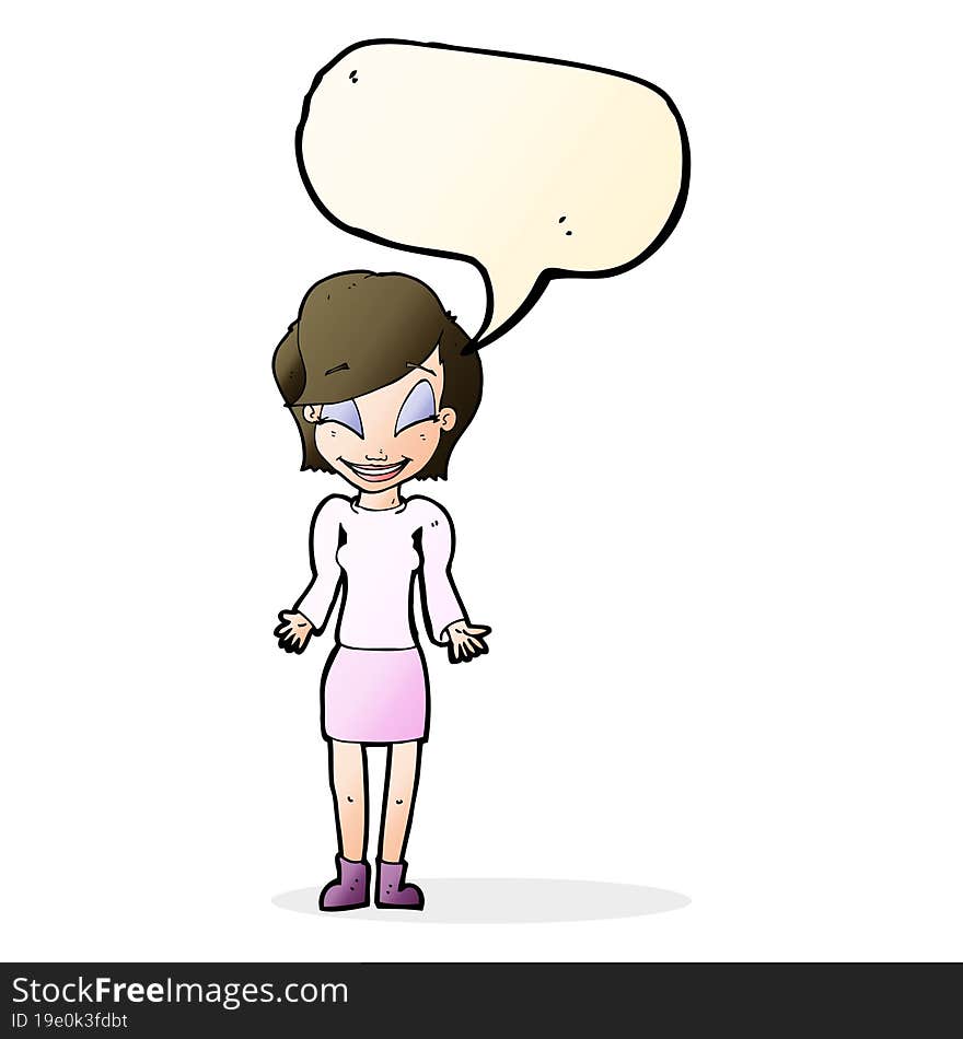 cartoon happy woman shrugging shoulders with speech bubble