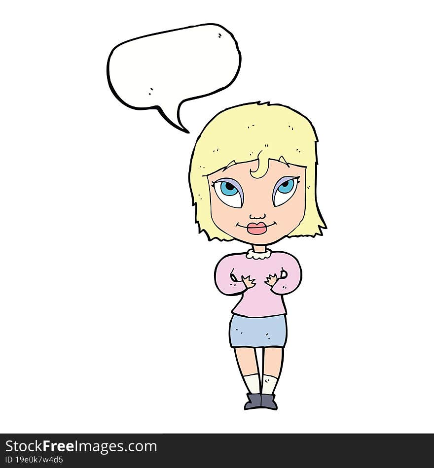 cartoon woman gesturing at self with speech bubble