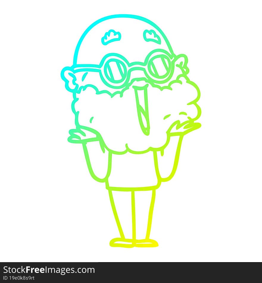 cold gradient line drawing of a cartoon joyful man with beard shrugging