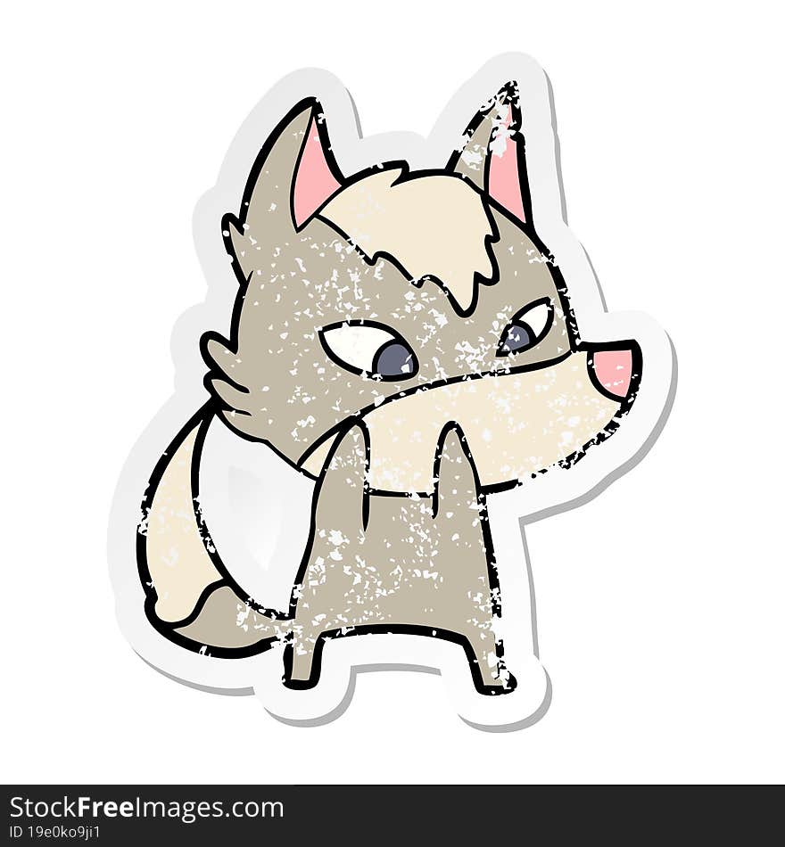 distressed sticker of a shy cartoon wolf