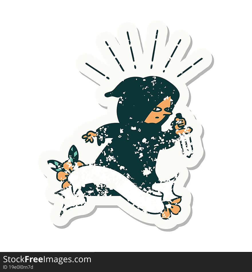 Grunge Sticker Of Tattoo Style Assassin With Knife