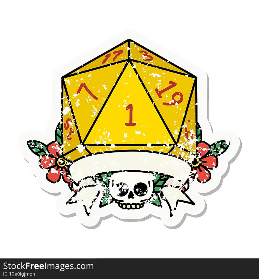 grunge sticker of a natural one d20 dice roll. grunge sticker of a natural one d20 dice roll