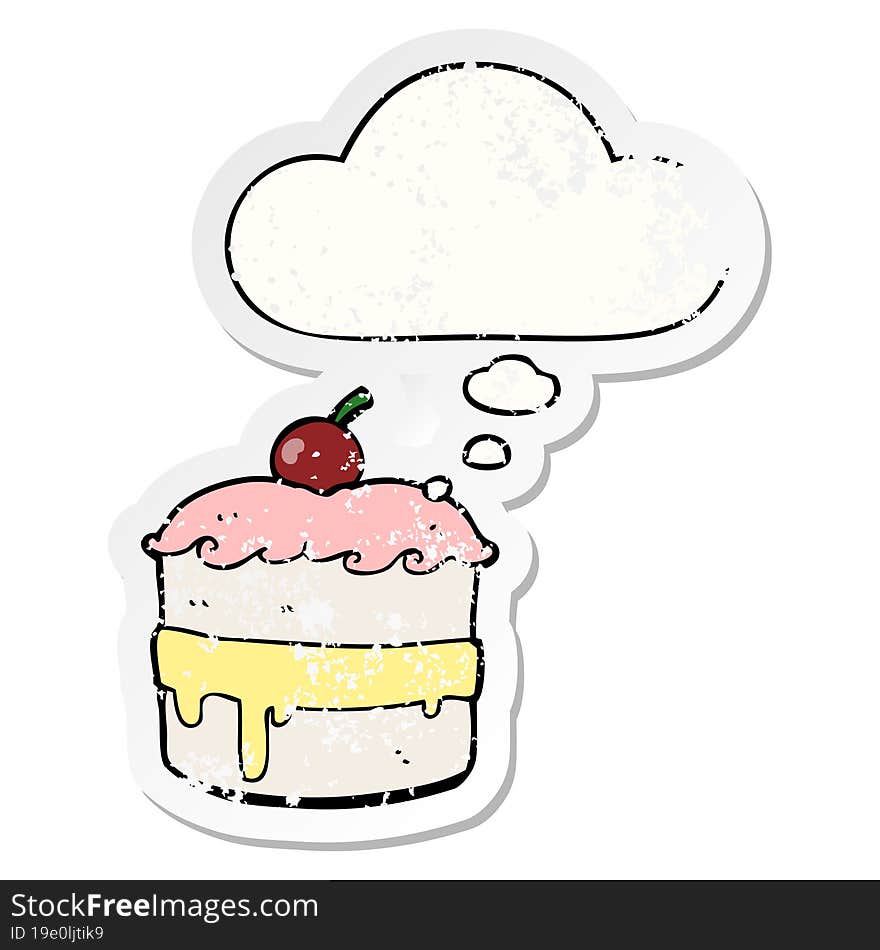 cartoon cake and thought bubble as a distressed worn sticker