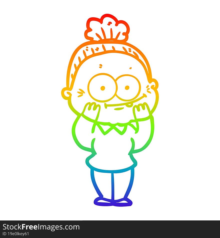 rainbow gradient line drawing of a cartoon happy old woman