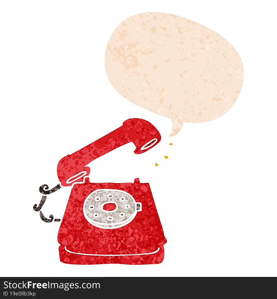 cartoon old telephone and speech bubble in retro textured style