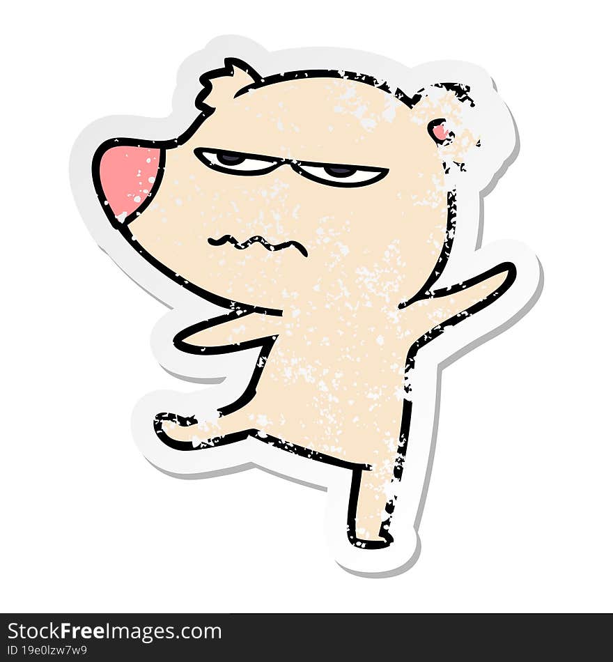 distressed sticker of a annoyed bear cartoon pointing