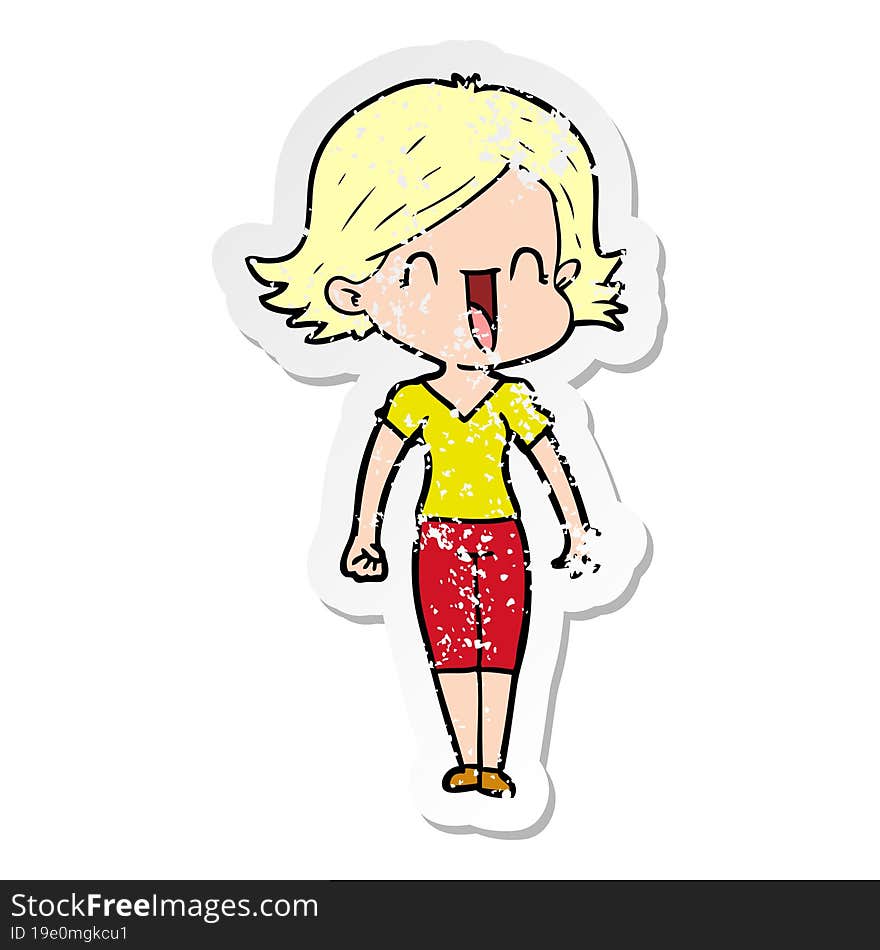 distressed sticker of a cartoon happy woman