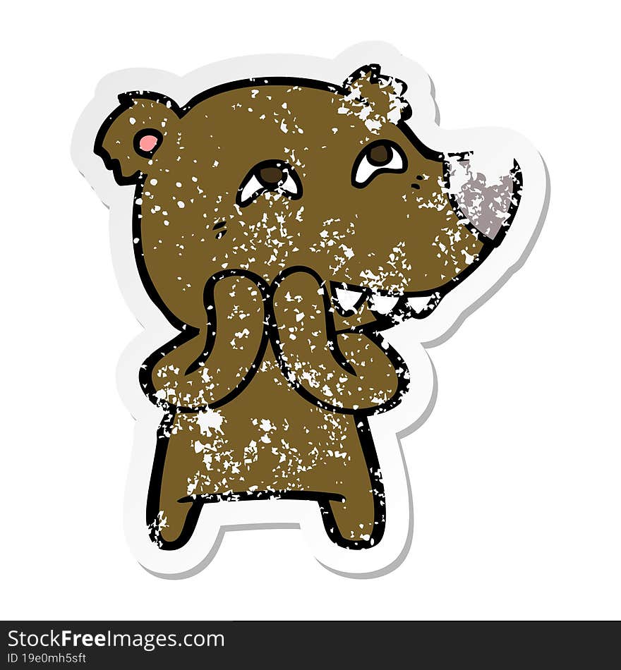 distressed sticker of a cartoon bear showing teeth