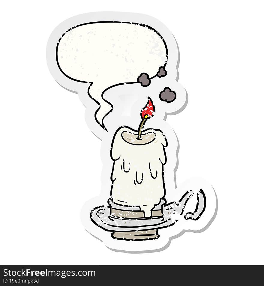 cartoon old spooky candle in candleholder and speech bubble distressed sticker