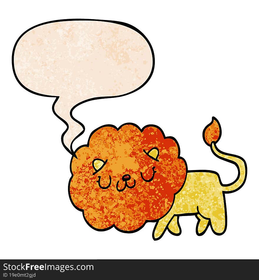 cartoon lion and speech bubble in retro texture style