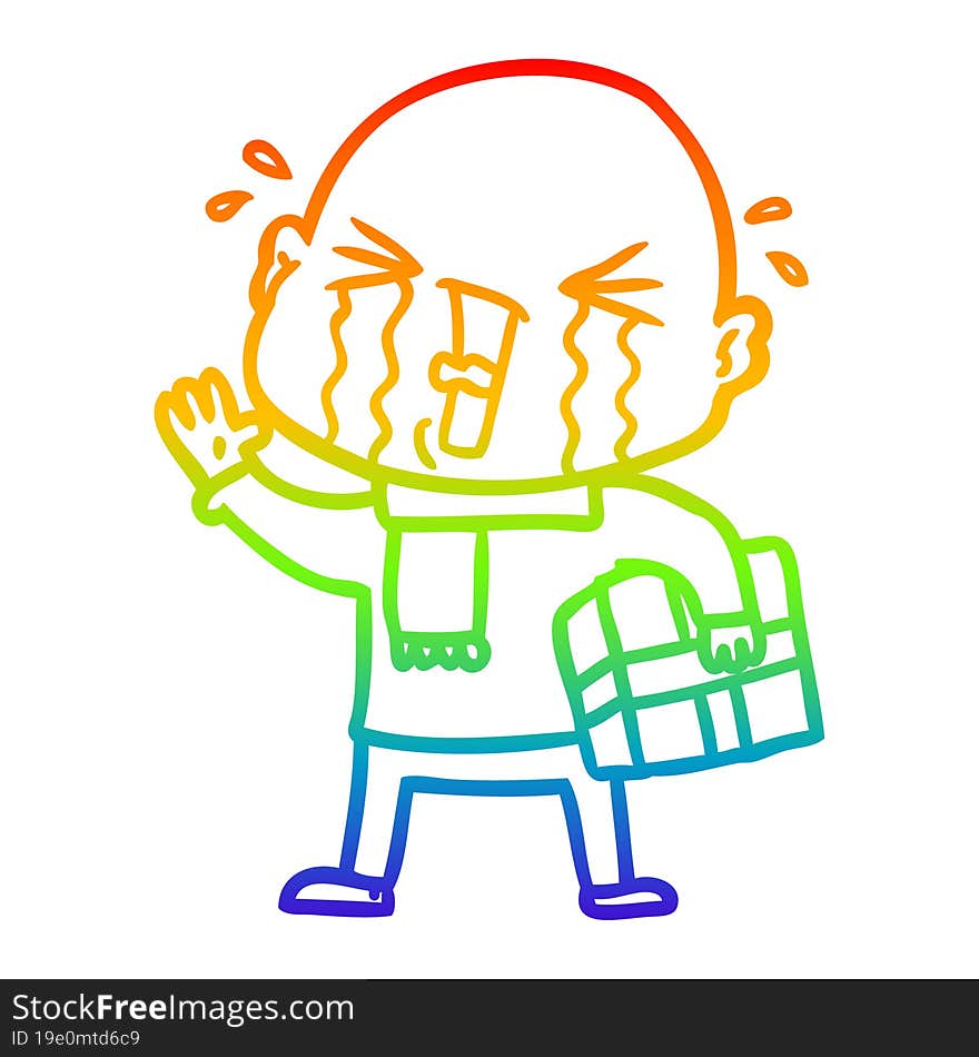 rainbow gradient line drawing cartoon crying bald man