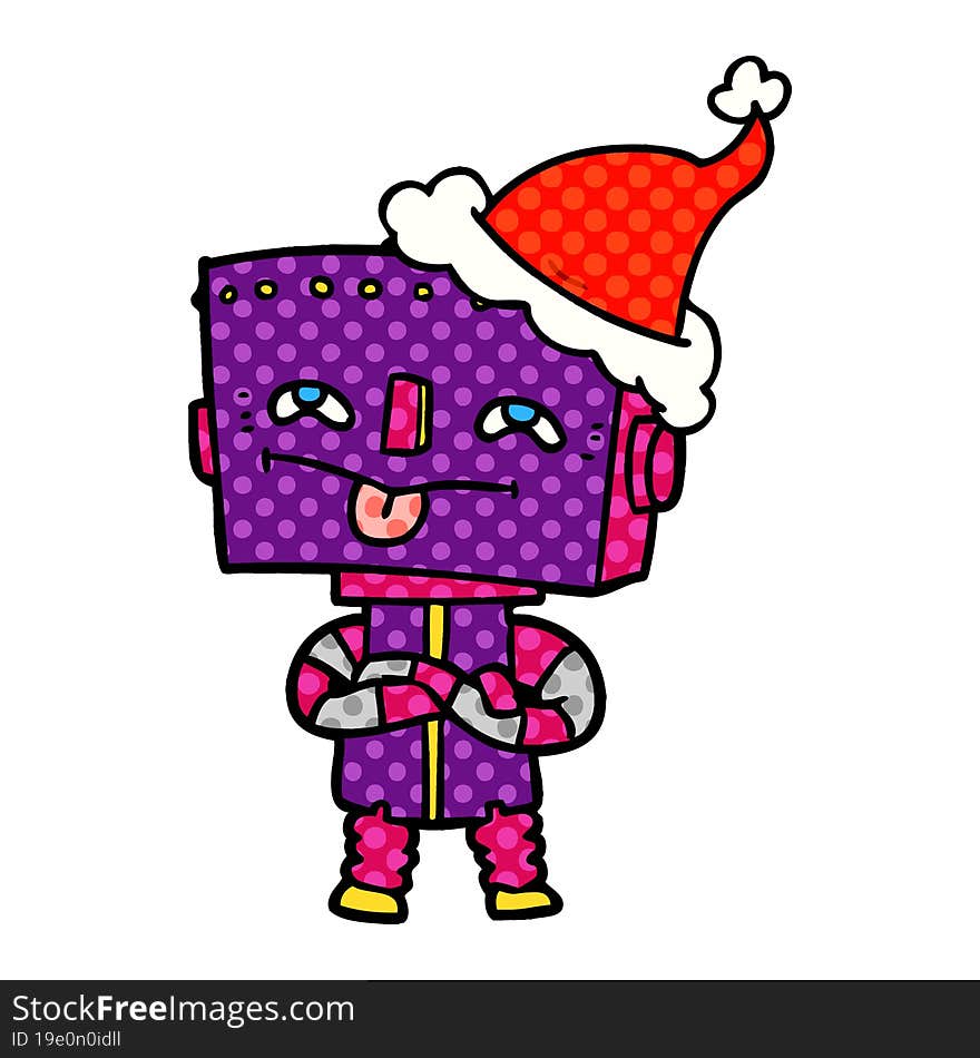 comic book style illustration of a robot wearing santa hat