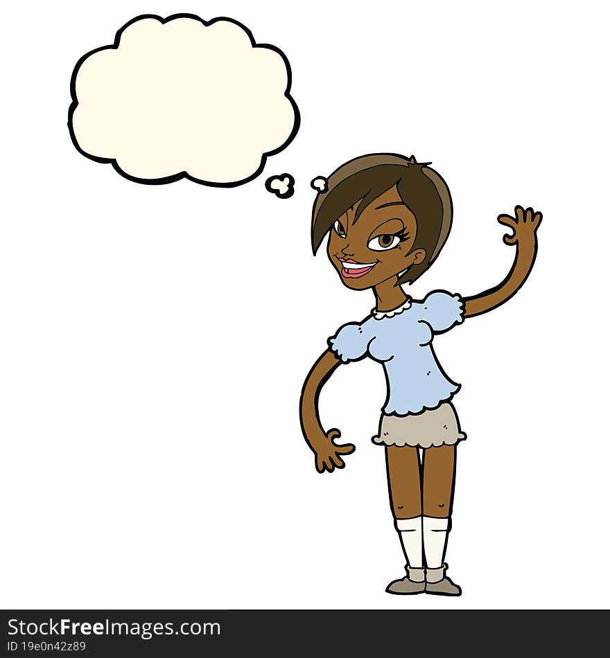 cartoon girl waving with thought bubble