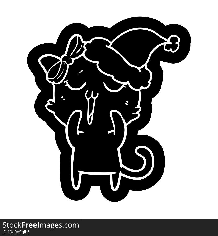 quirky cartoon icon of a cat wearing santa hat