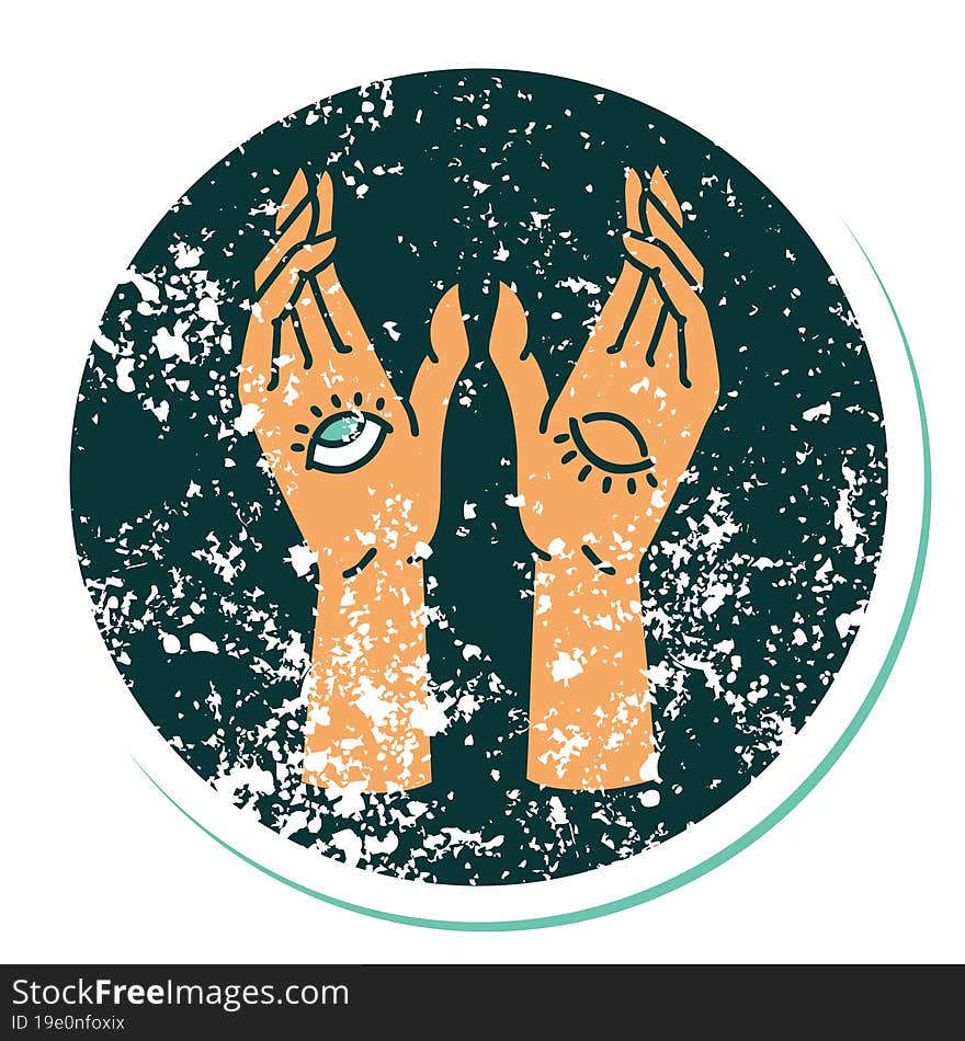 distressed sticker tattoo style icon of mystic hands