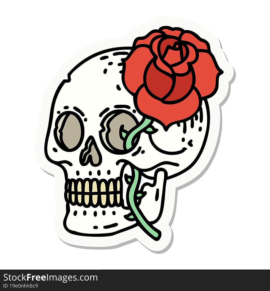 tattoo style sticker of a skull and rose