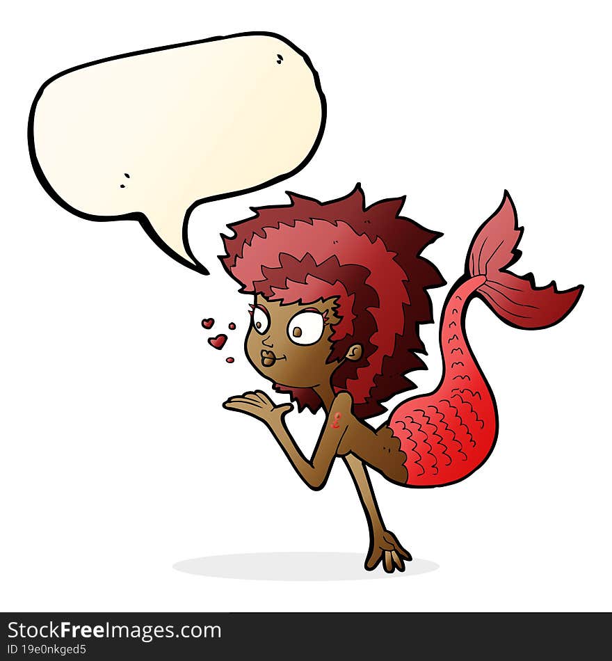 cartoon mermaid blowing a kiss with speech bubble