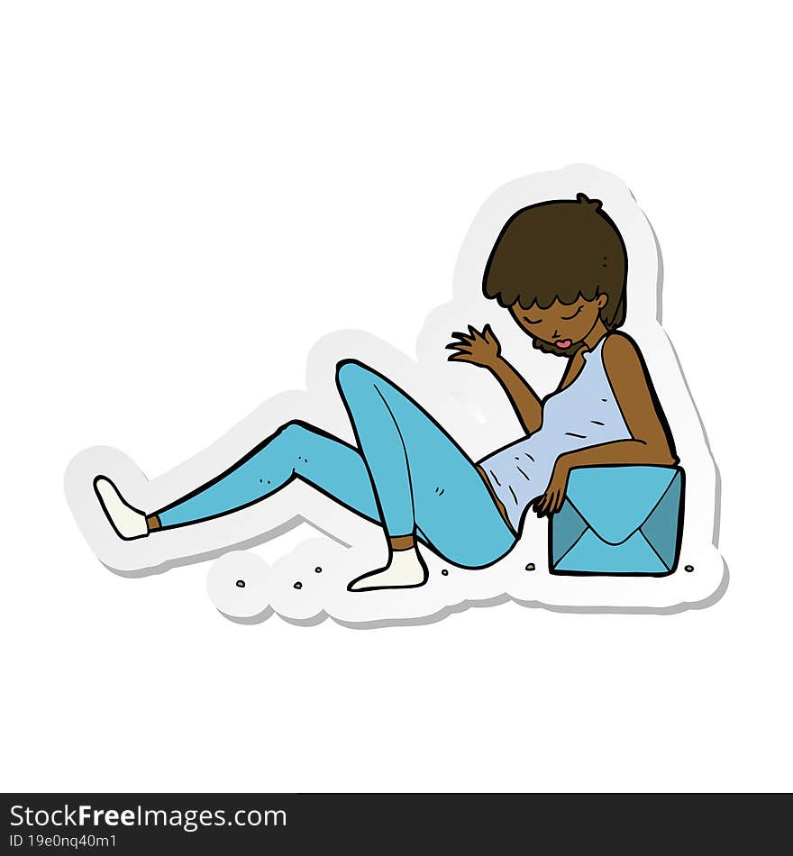 Sticker Of A Cartoon Woman Leaning On Package Box