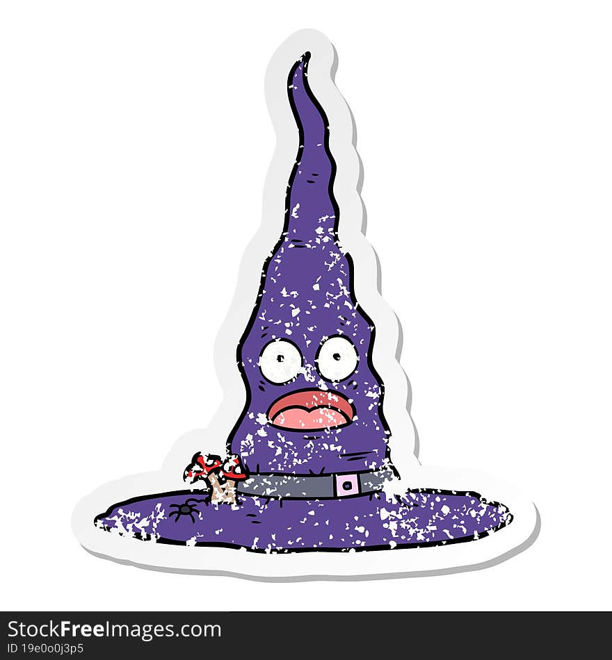 distressed sticker of a cartoon witchs hat