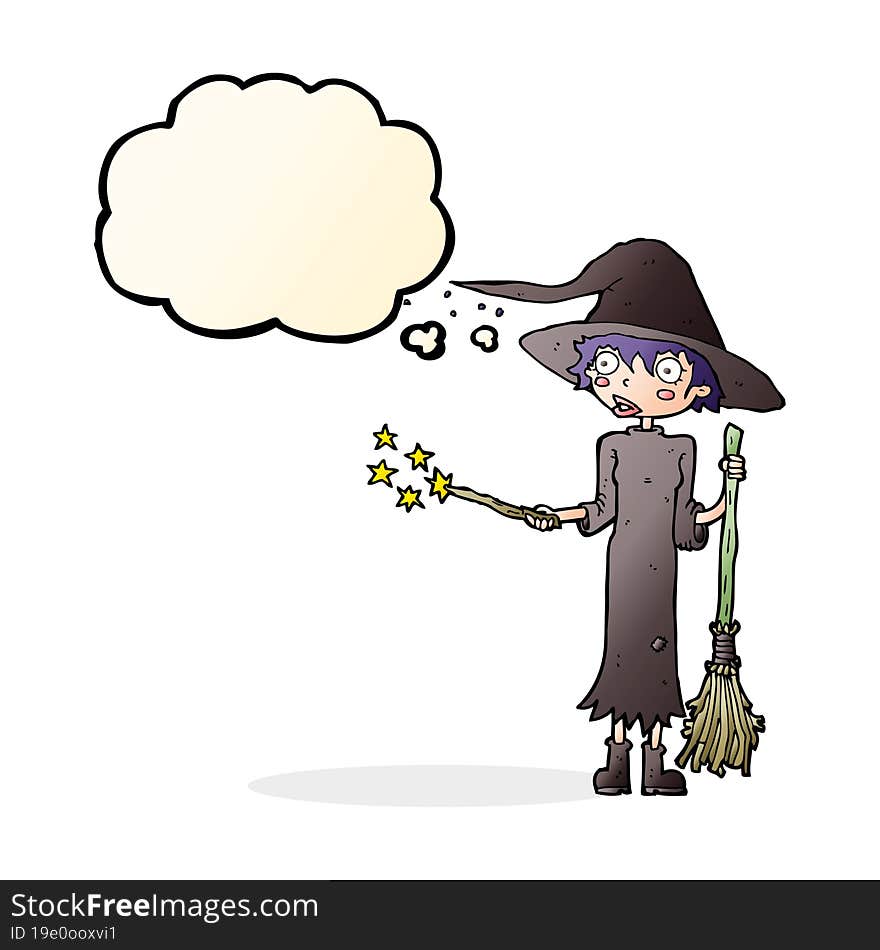 cartoon witch casting spell with thought bubble