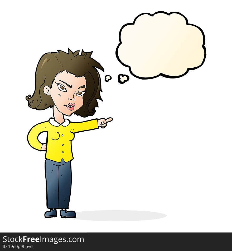 cartoon woman pointing with thought bubble