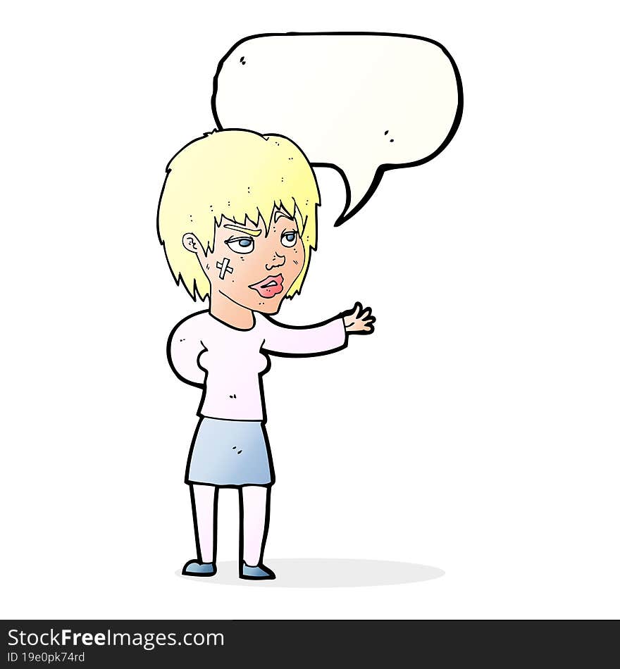 cartoon woman with sticking plaster on face with speech bubble