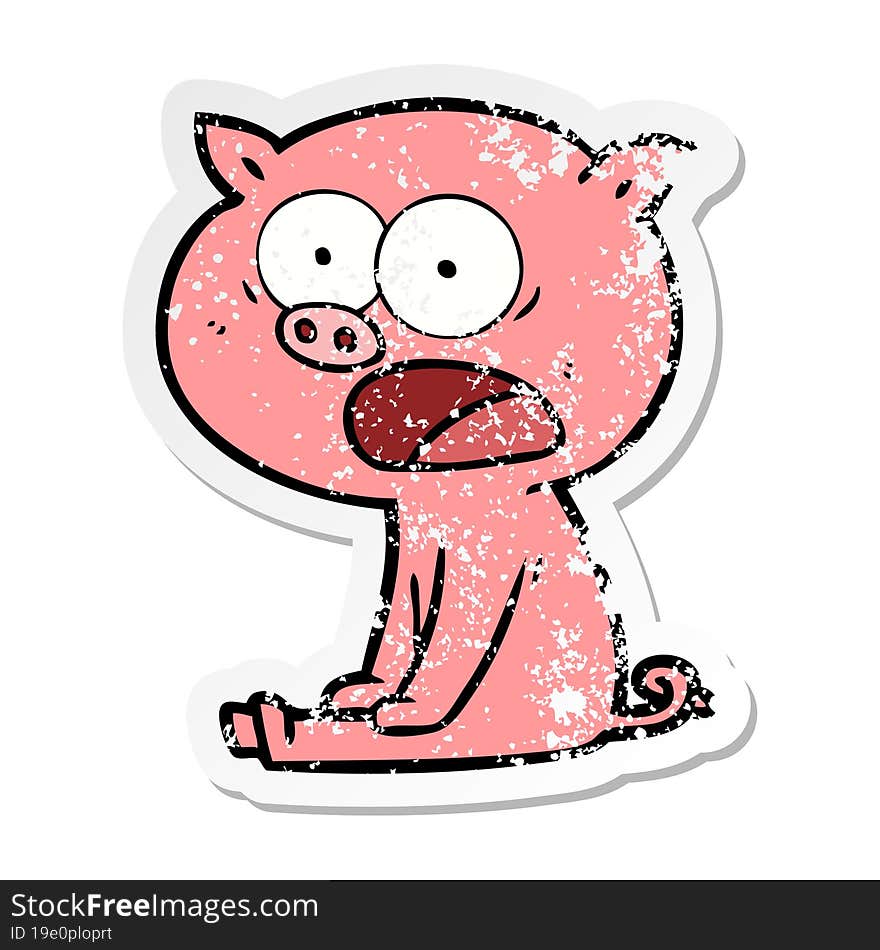 distressed sticker of a cartoon sitting pig shouting