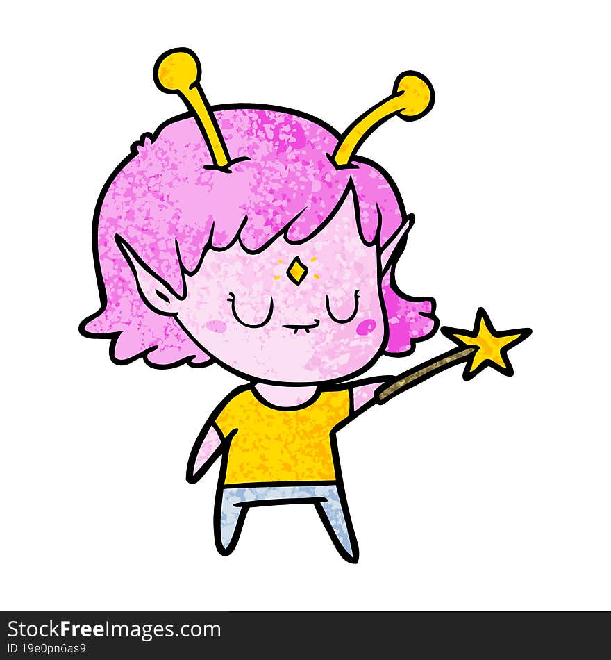 cartoon alien girl with wand. cartoon alien girl with wand