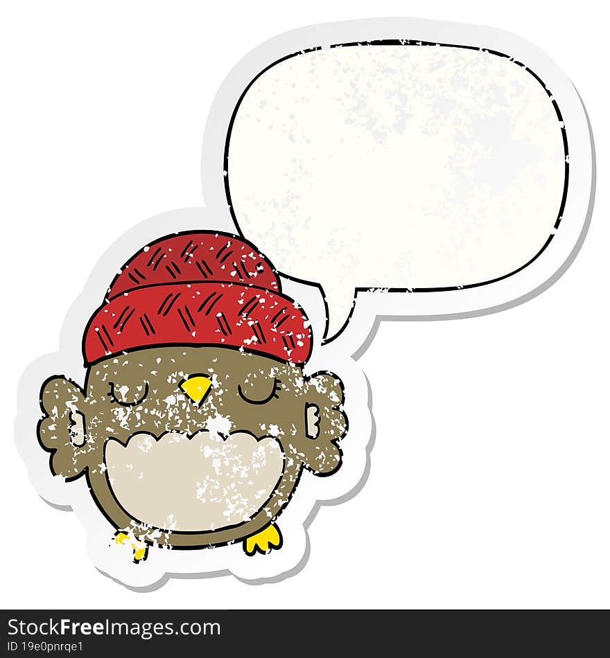 cute cartoon owl in hat and speech bubble distressed sticker