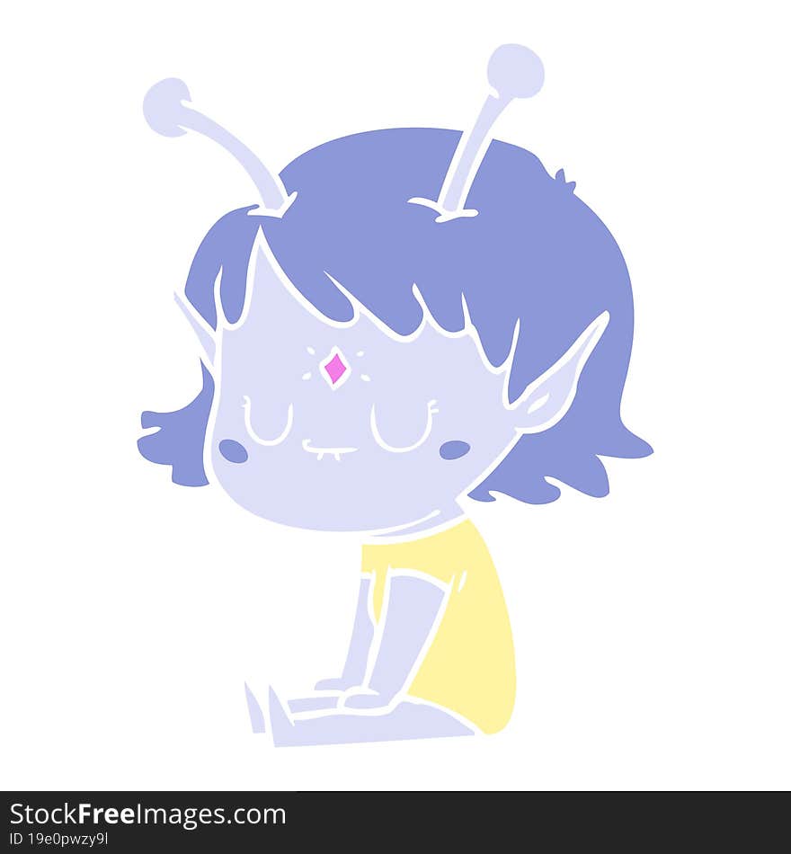 flat color style cartoon alien girl sitting