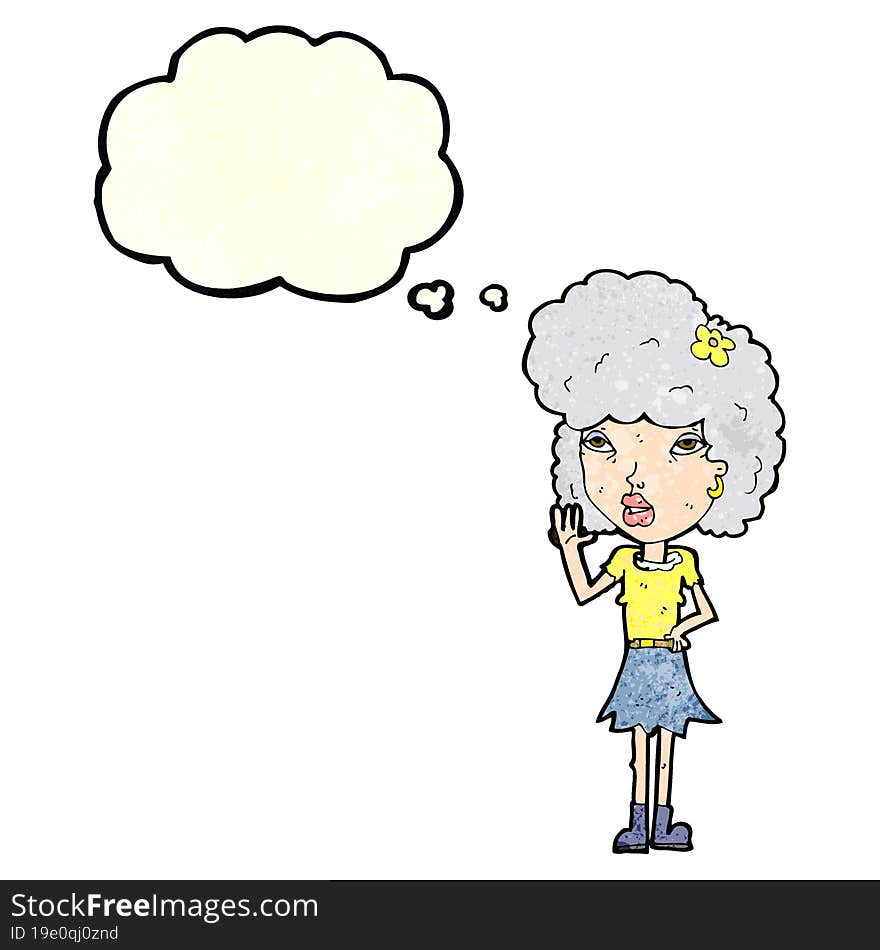 cartoon woman waving with thought bubble