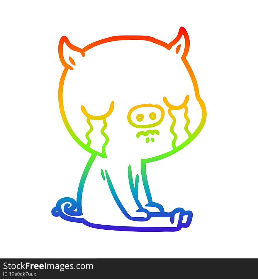 rainbow gradient line drawing of a cartoon pig crying