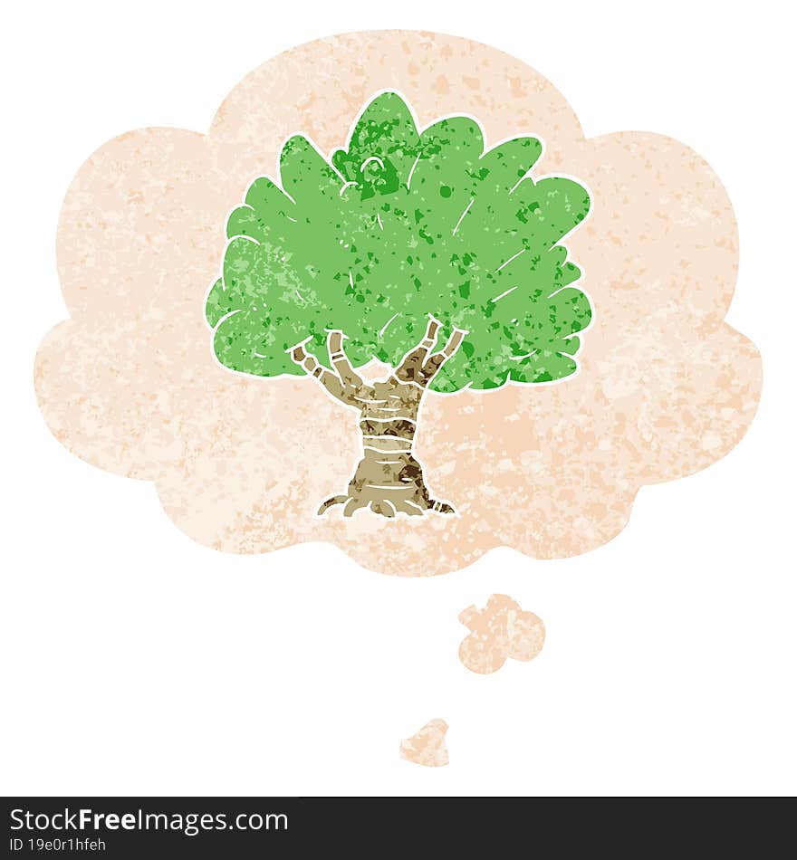 Cartoon Tree And Thought Bubble In Retro Textured Style