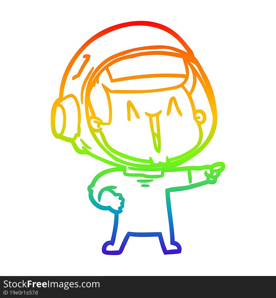 rainbow gradient line drawing of a happy cartoon astronaut pointing