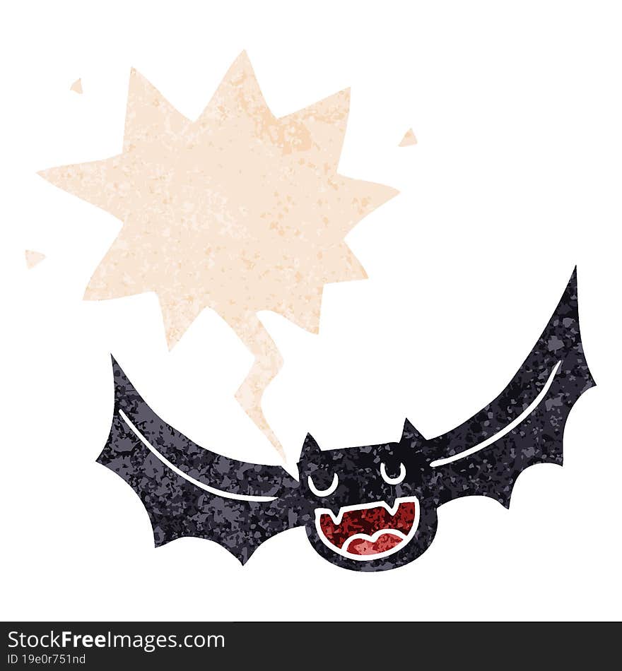 cartoon bat and speech bubble in retro textured style