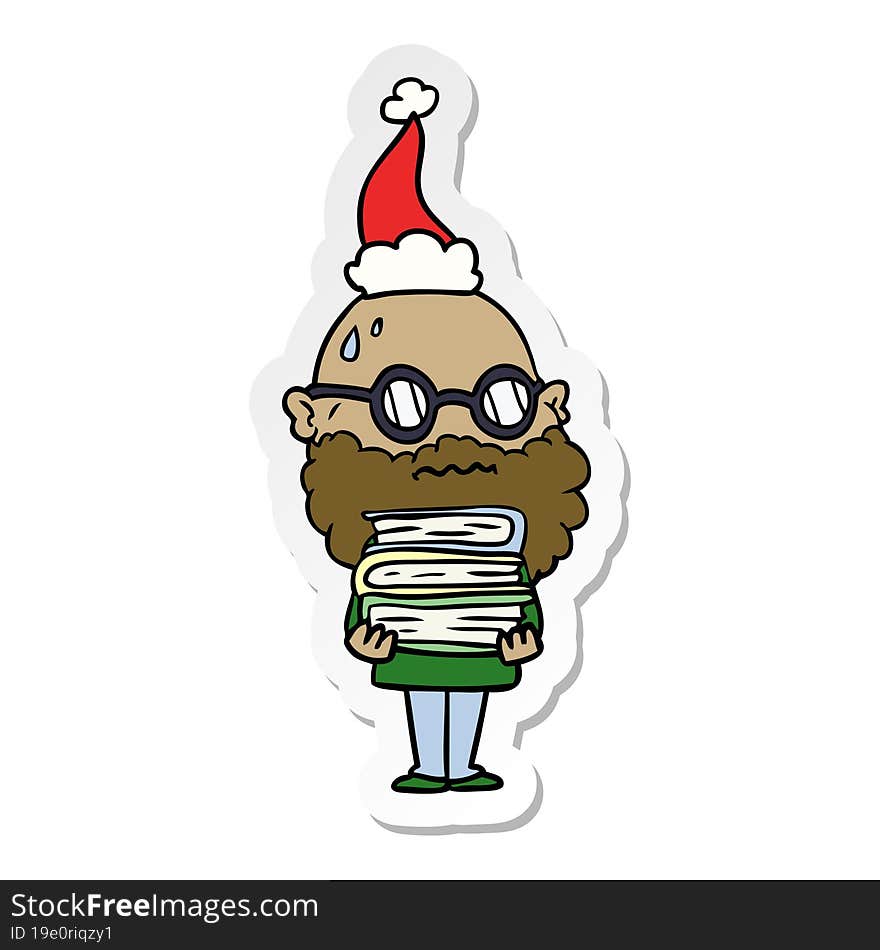 Sticker Cartoon Of A Worried Man With Beard And Stack Of Books Wearing Santa Hat