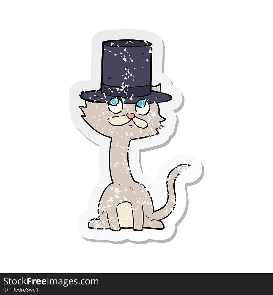 retro distressed sticker of a cartoon cat in top hat