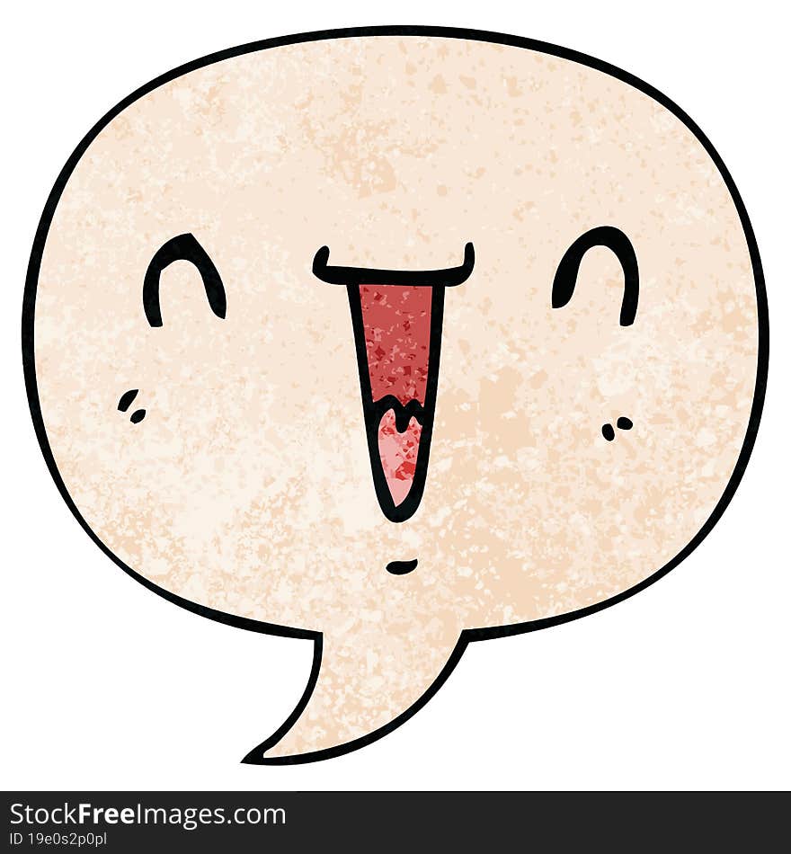 cute happy cartoon face and speech bubble in retro texture style