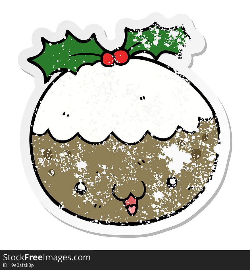 distressed sticker of a cute cartoon christmas pudding