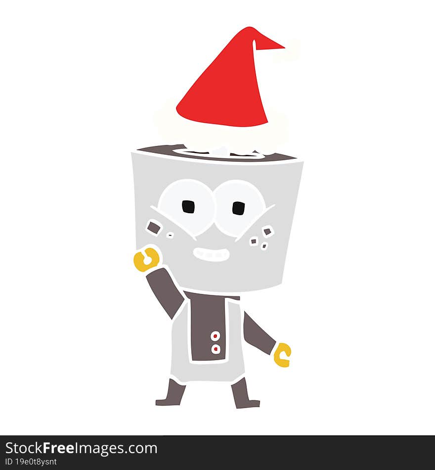 happy flat color illustration of a robot waving hello wearing santa hat