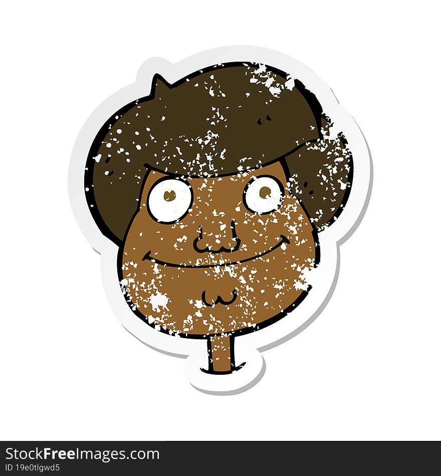 retro distressed sticker of a cartoon happy boys face