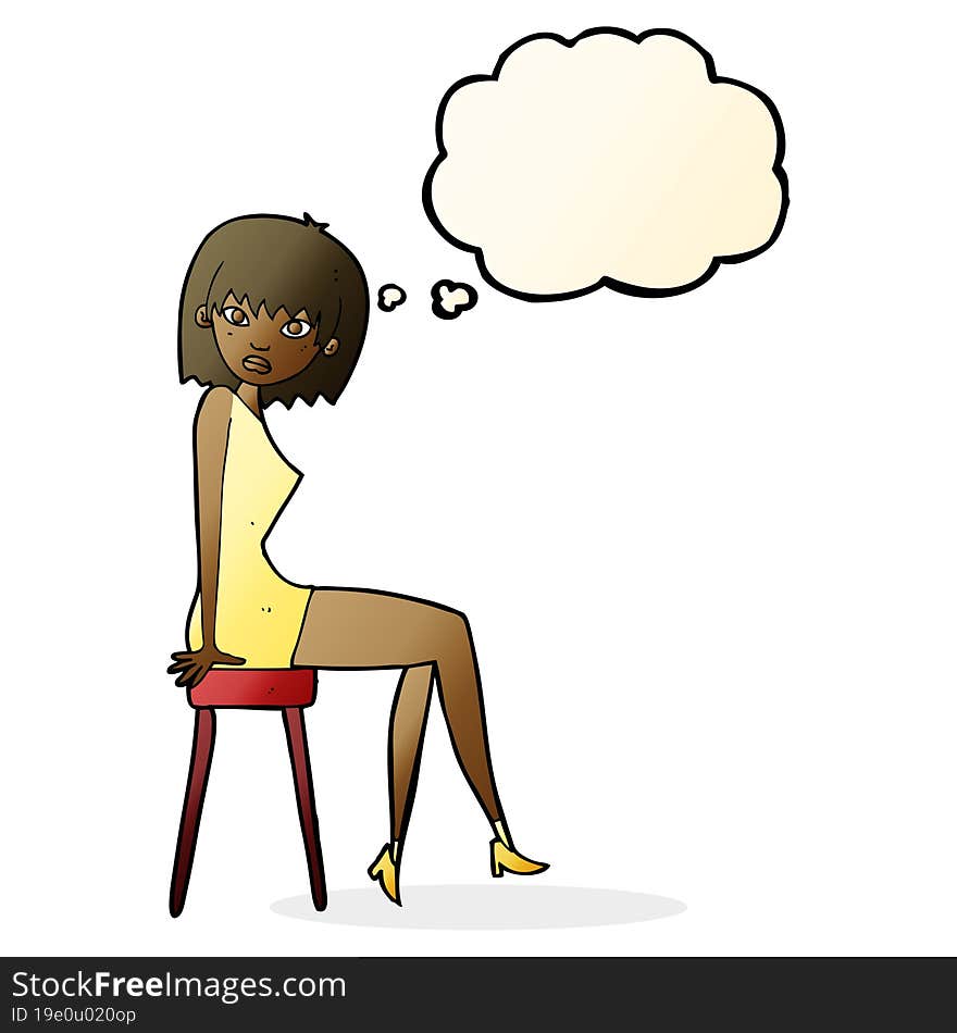 cartoon woman sitting on stool with thought bubble