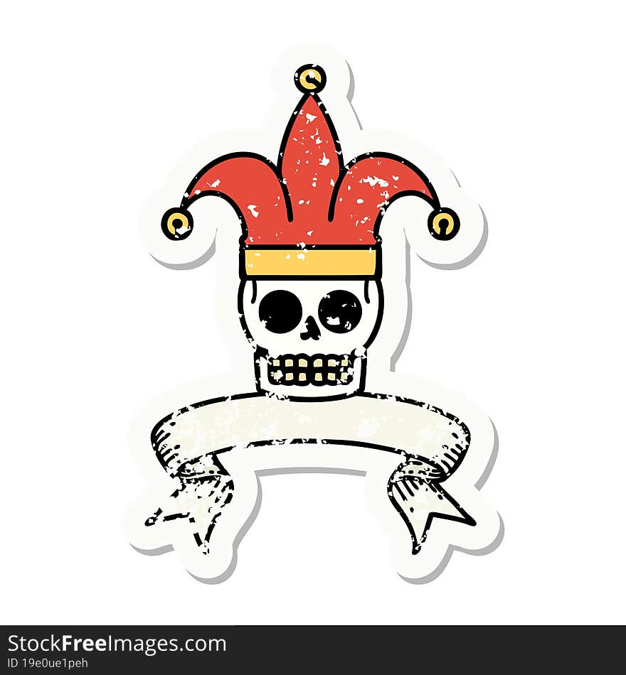 grunge sticker with banner of a skull jester