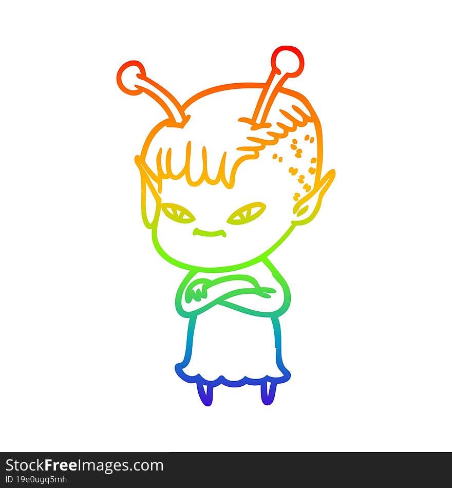 rainbow gradient line drawing of a cute cartoon alien girl