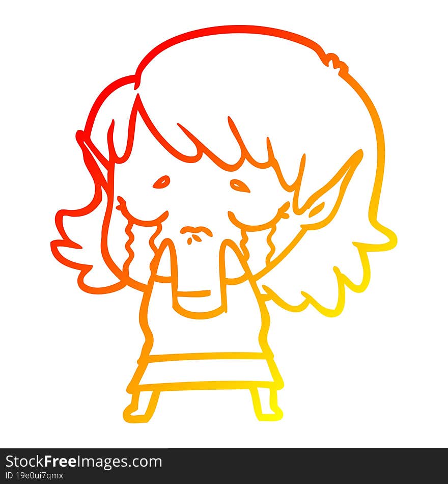 warm gradient line drawing of a cartoon crying elf girl