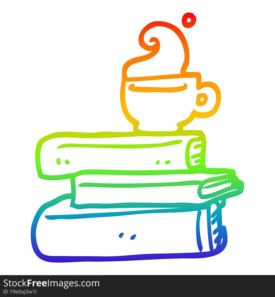 rainbow gradient line drawing cartoon books and cup of coffee