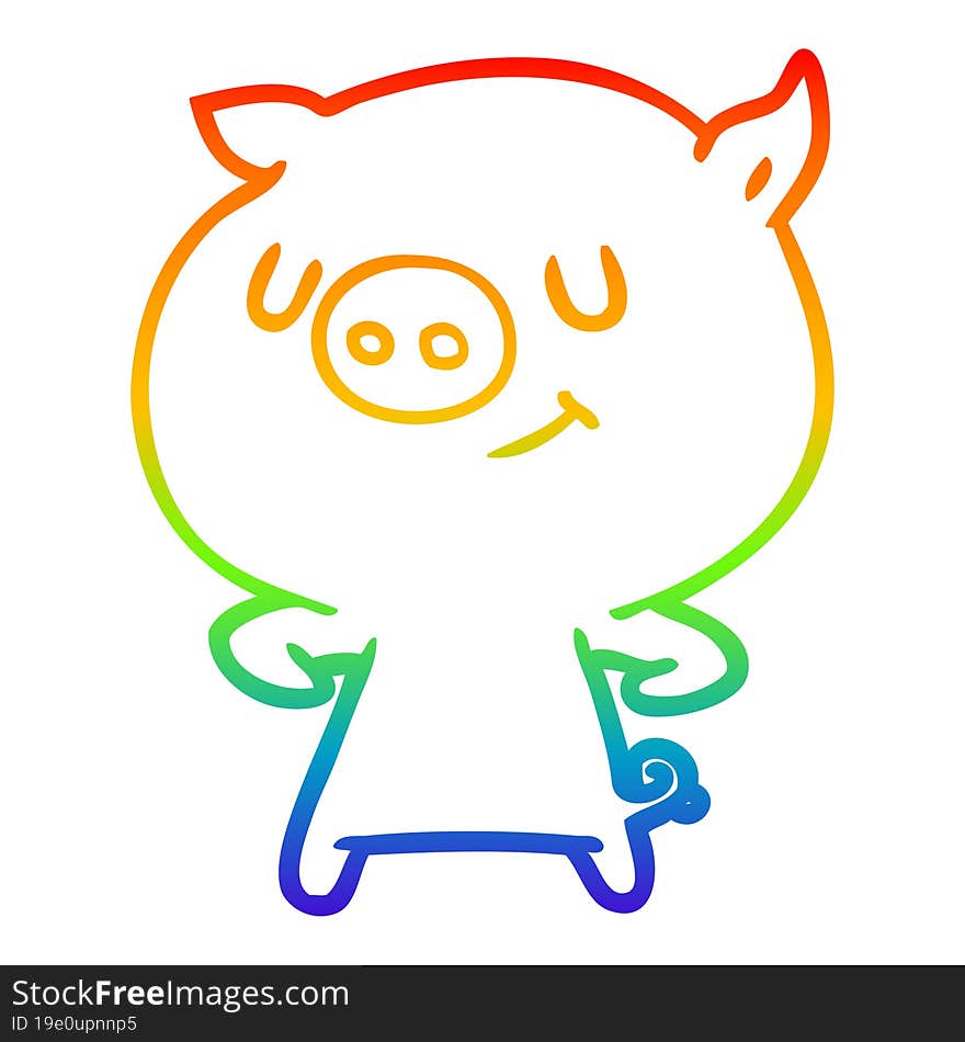 rainbow gradient line drawing of a happy cartoon pig