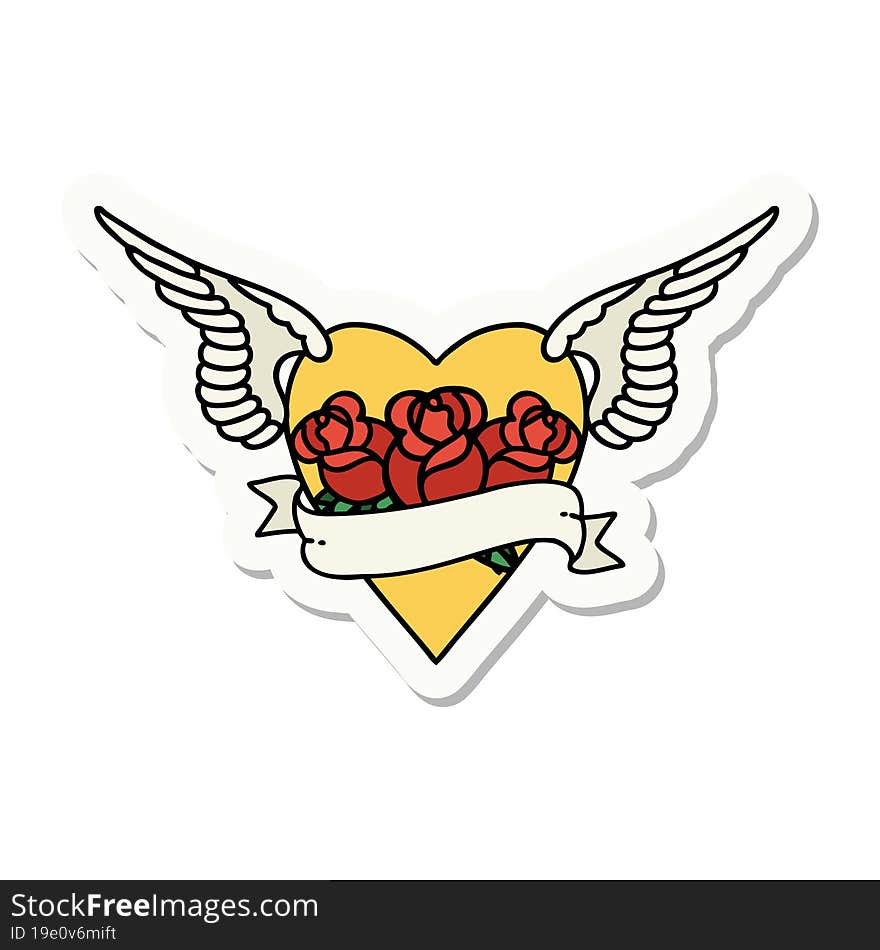 sticker of tattoo in traditional style of heart with wings flowers and banner. sticker of tattoo in traditional style of heart with wings flowers and banner